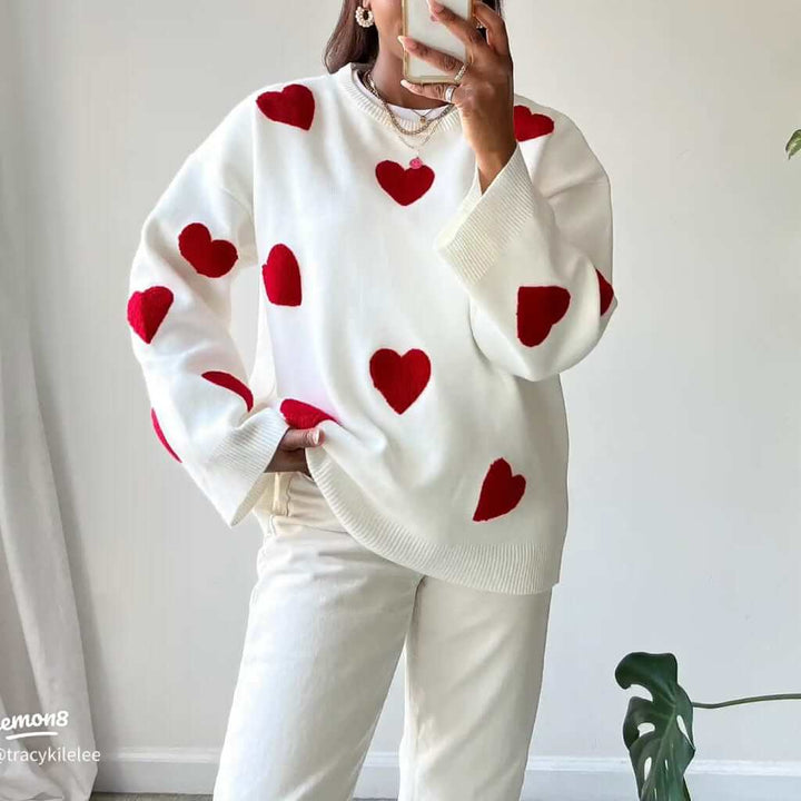 Heart-Print Knit Sweater with Dropped Shoulders