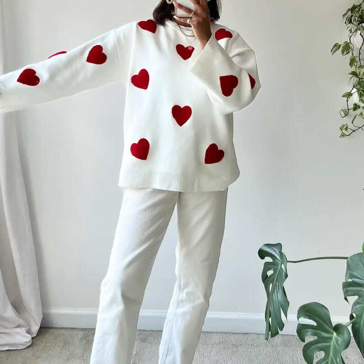 Heart-Print Knit Sweater with Dropped Shoulders