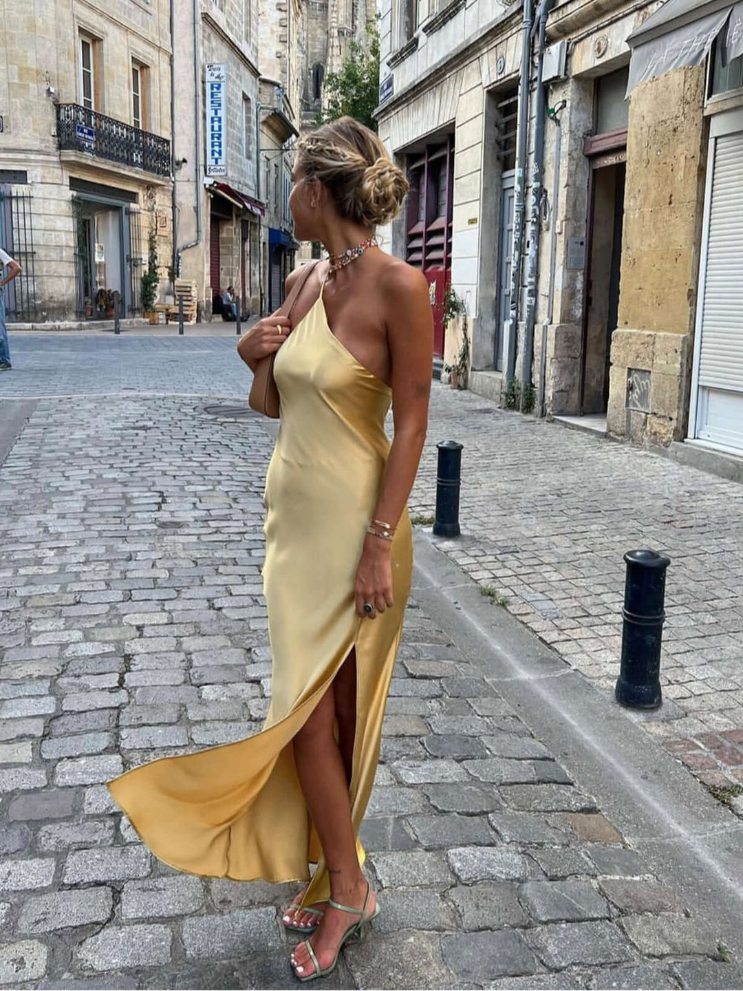Satin Maxi Dress with One-Shoulder Neckline and Open Back