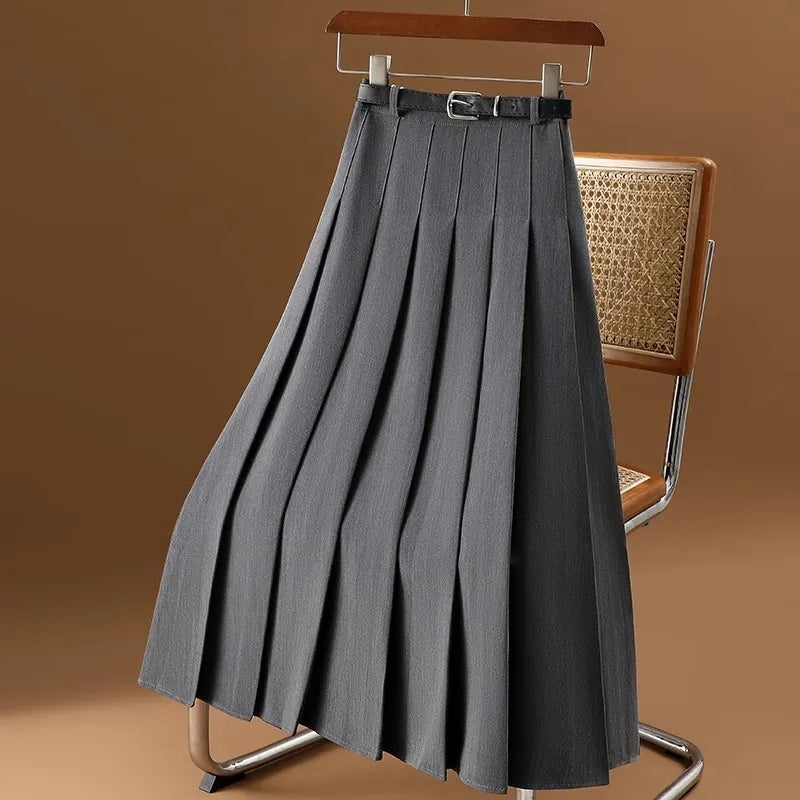Pleated Midi Skirt with Belted Waist and Structured Hem