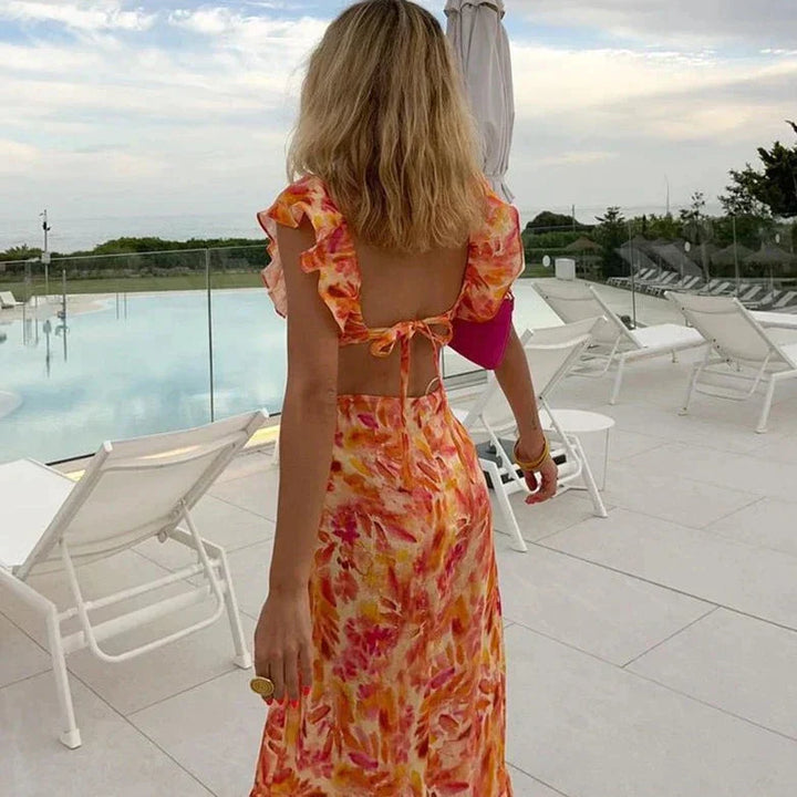 Maxi Dress with V-Neckline, Ruffle Sleeves, and Back Cutout