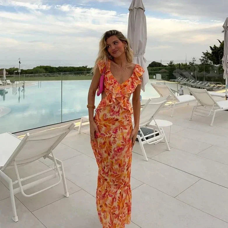 Maxi Dress with V-Neckline, Ruffle Sleeves, and Back Cutout