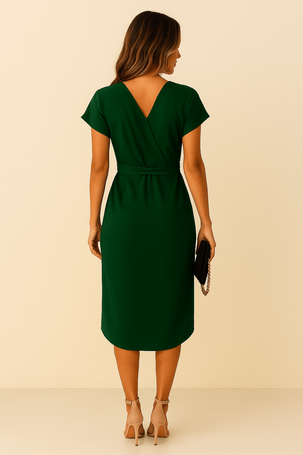 V-Neck Wrap Midi Dress with Cap Sleeves and Tie Waist