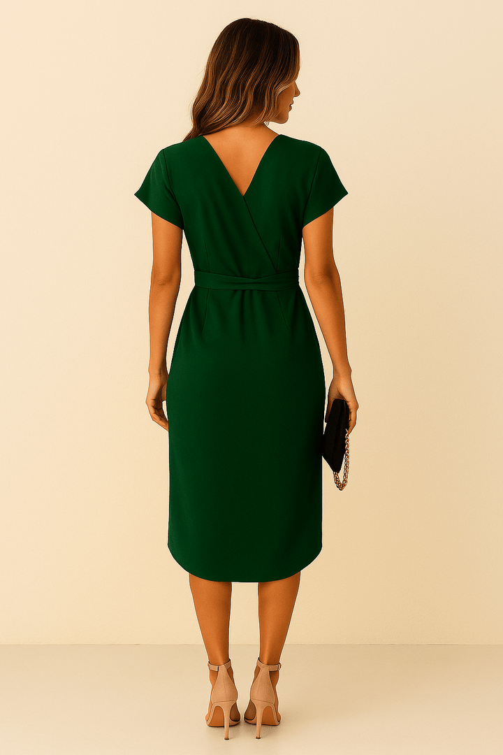 V-Neck Wrap Midi Dress with Cap Sleeves and Tie Waist
