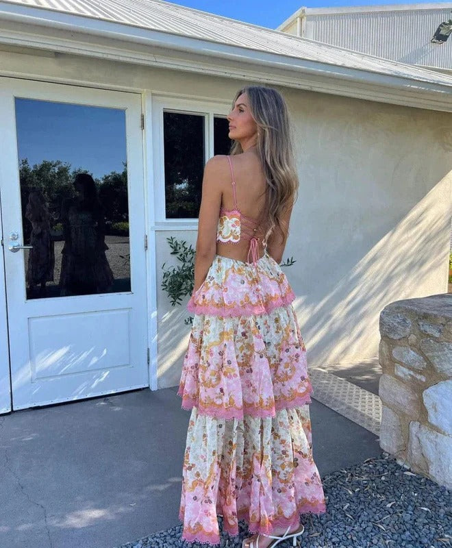 Tiered Maxi Dress with Spaghetti Straps and Cutout Back