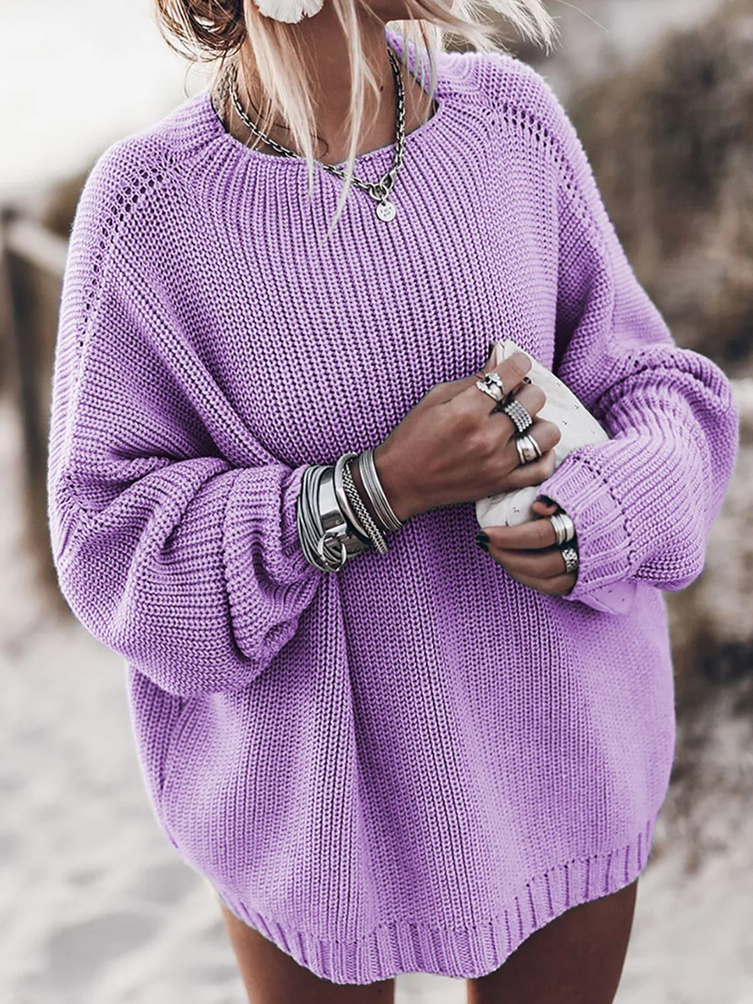 Oversized Crew-Neck Jumper with Raglan Sleeves and Ribbed Trimmings