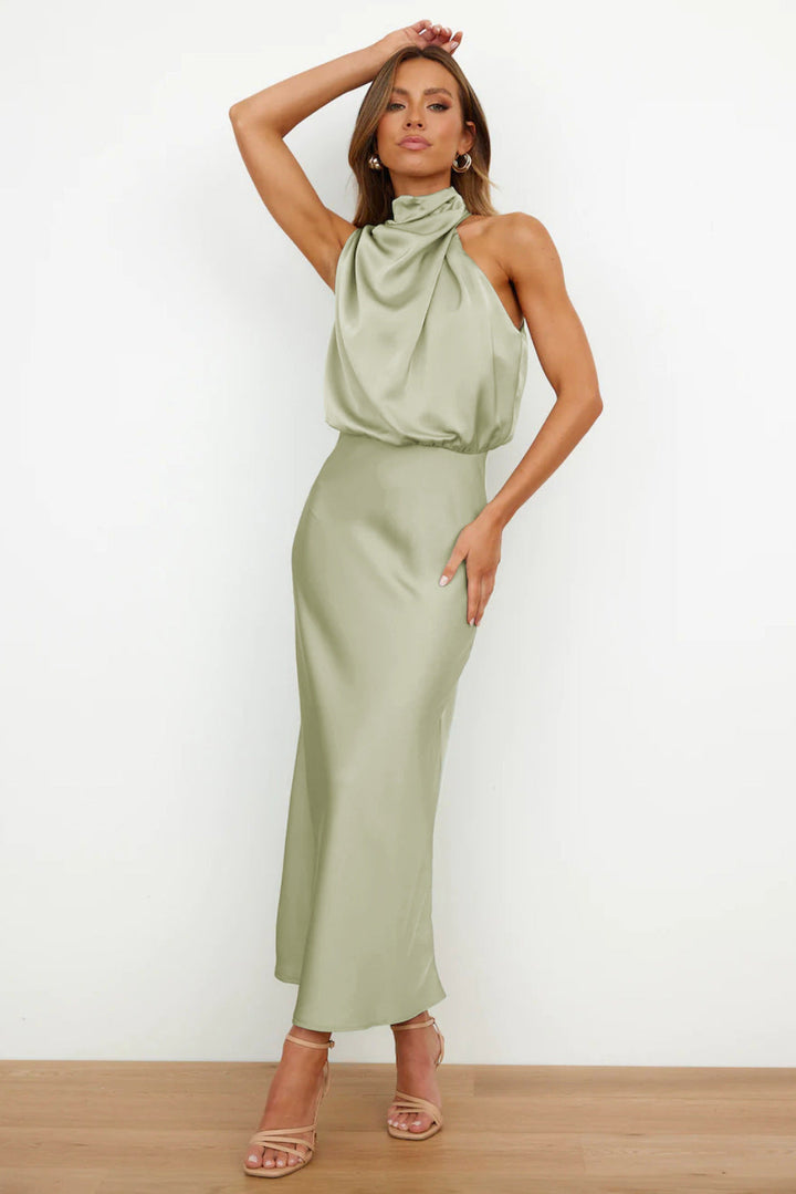 Halter Neck Midi Dress with Draped Cowl Bodice