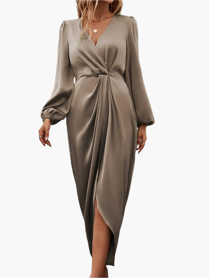 V-Neckline Wrap Dress with Balloon Long Sleeves and Draped Skirt