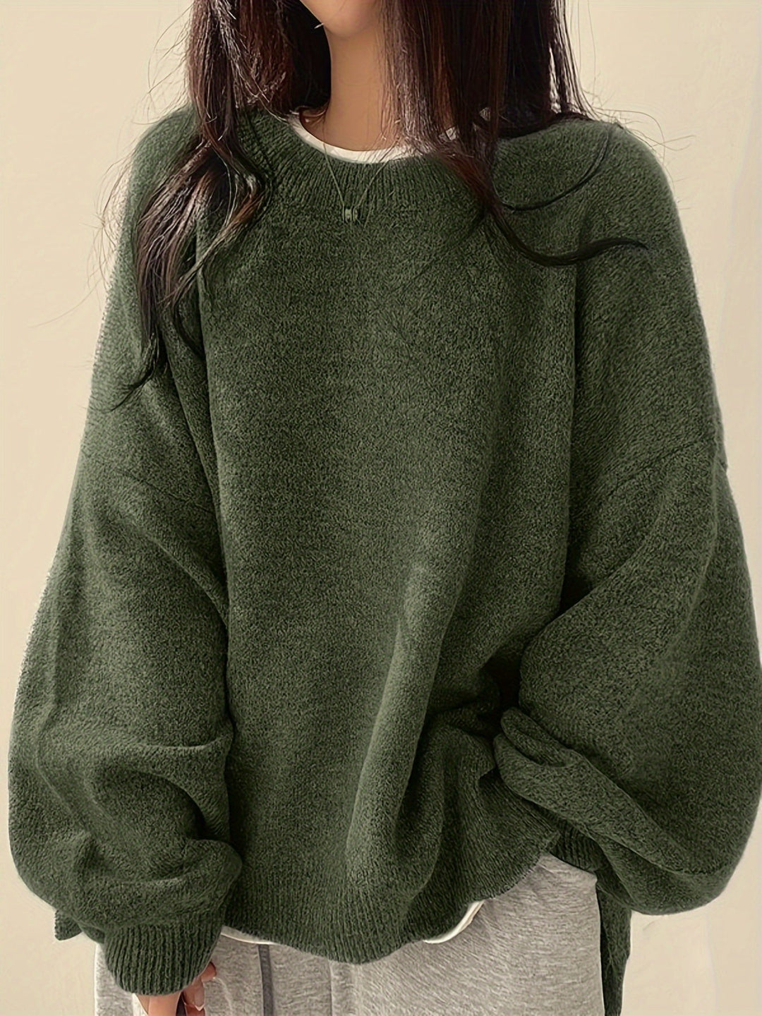 Oversized Knit Sweater with Round Neckline and Ribbed Finishes