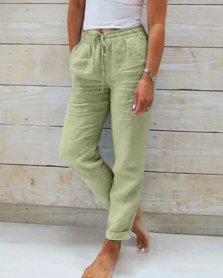 Elastic Waist Trousers with Drawstring Closure and Side Pockets