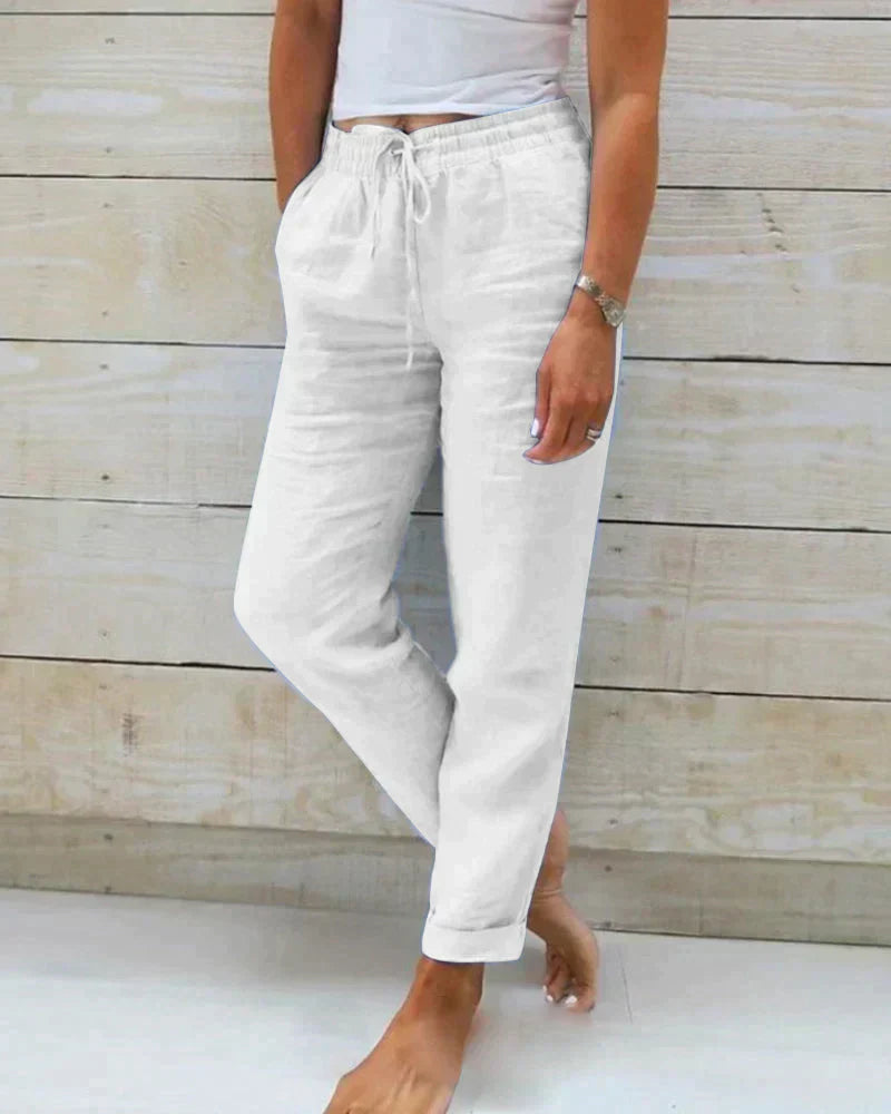 Elastic Waist Trousers with Drawstring Closure and Side Pockets