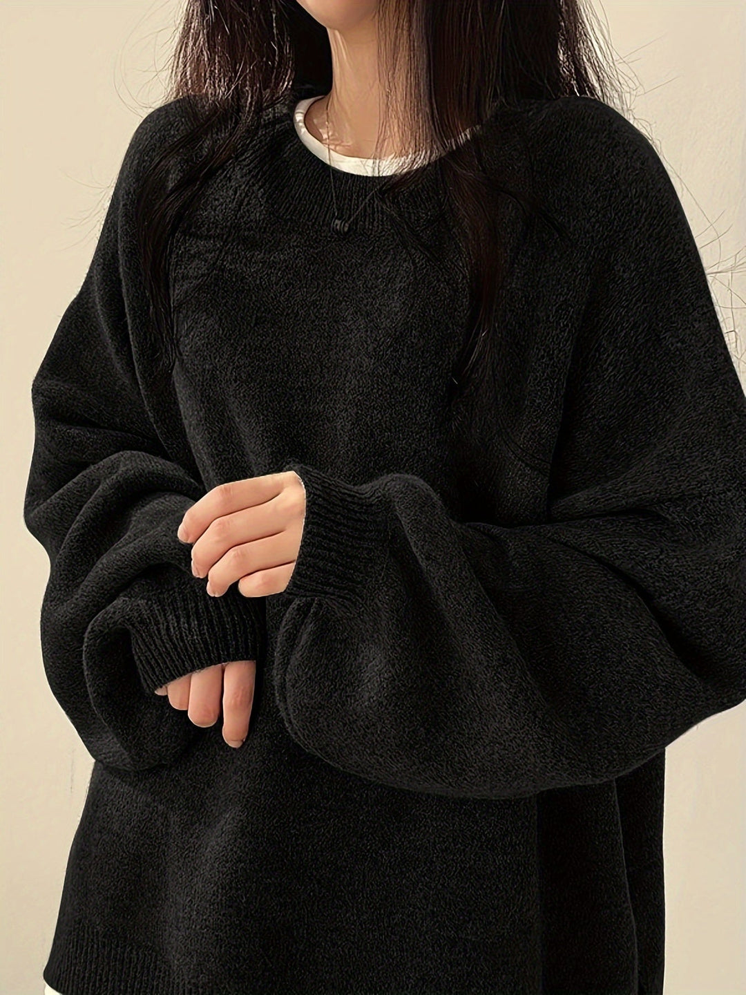 Oversized Knit Sweater with Round Neckline and Ribbed Finishes