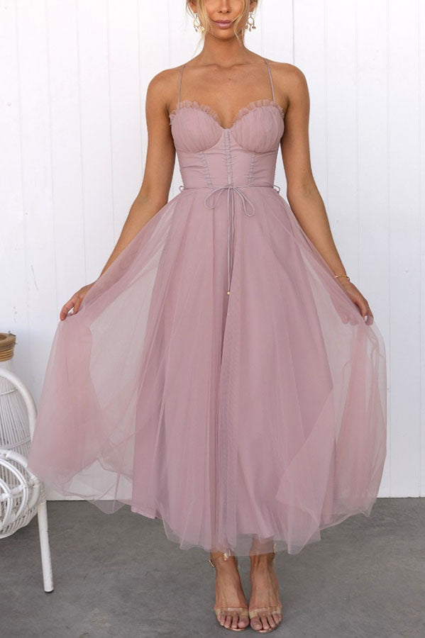 Midi Dress with Corset Bodice and Crisscross Straps