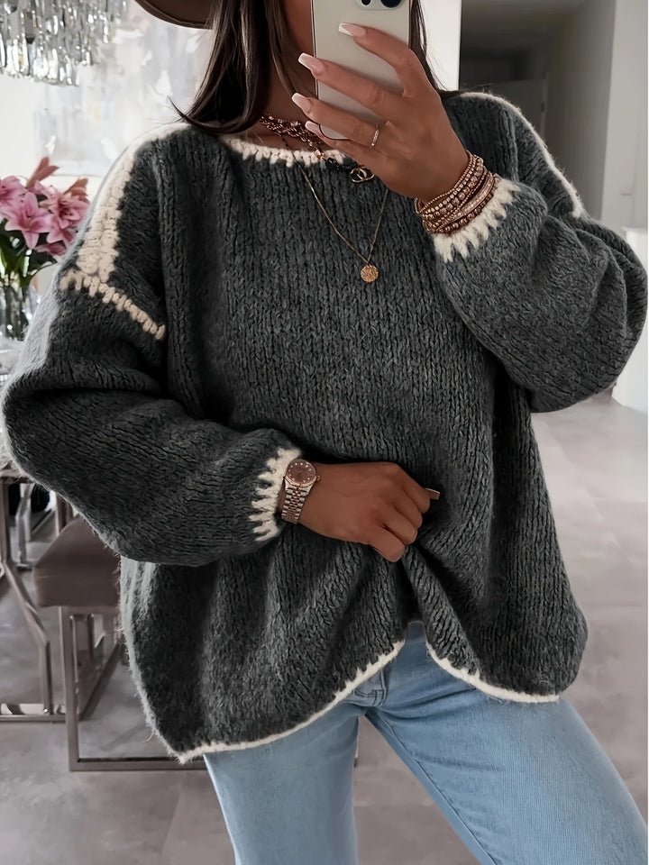 Round Neck Oversized Sweater with Contrast Stitching and Balloon Sleeves