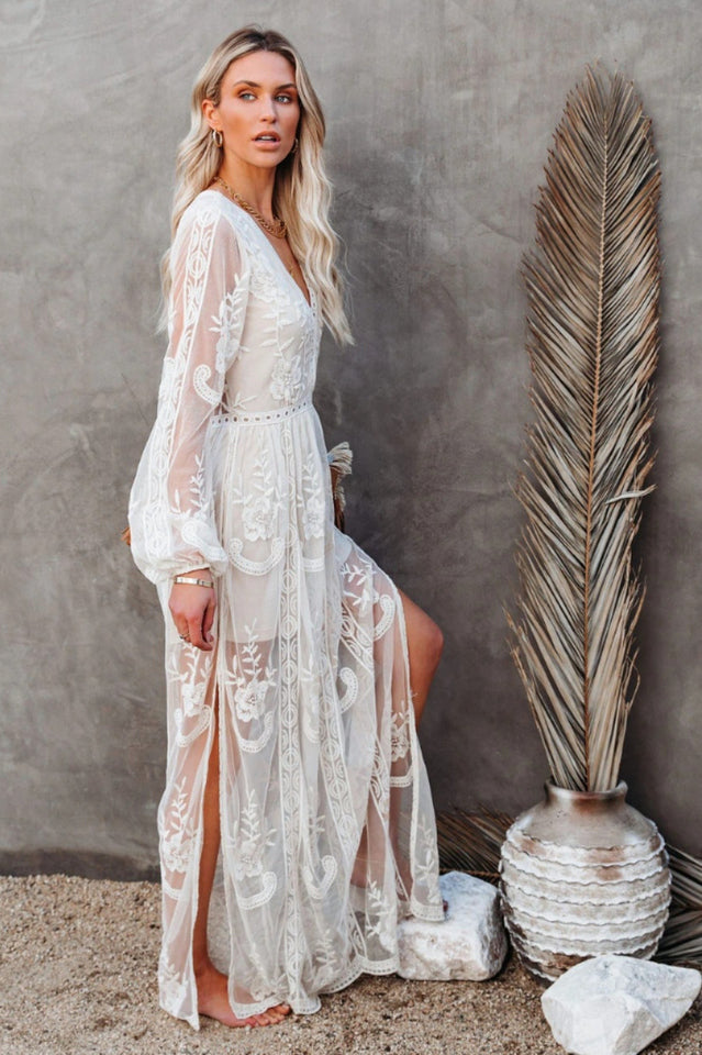 Lace Embroidered Maxi Dress with V-Neckline and Long Sleeves