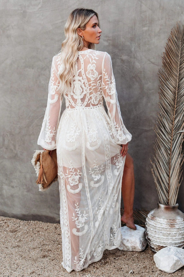 Lace Embroidered Maxi Dress with V-Neckline and Long Sleeves