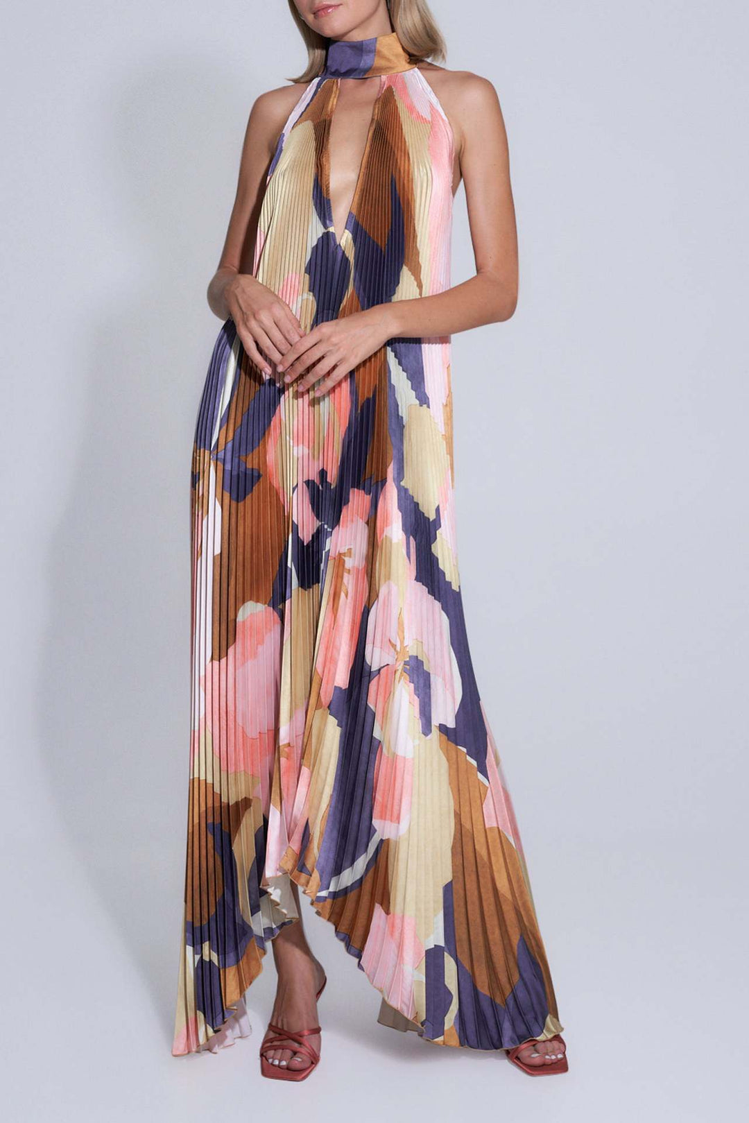 Pleated Maxi Dress with Halter Neck and Deep V-Neckline