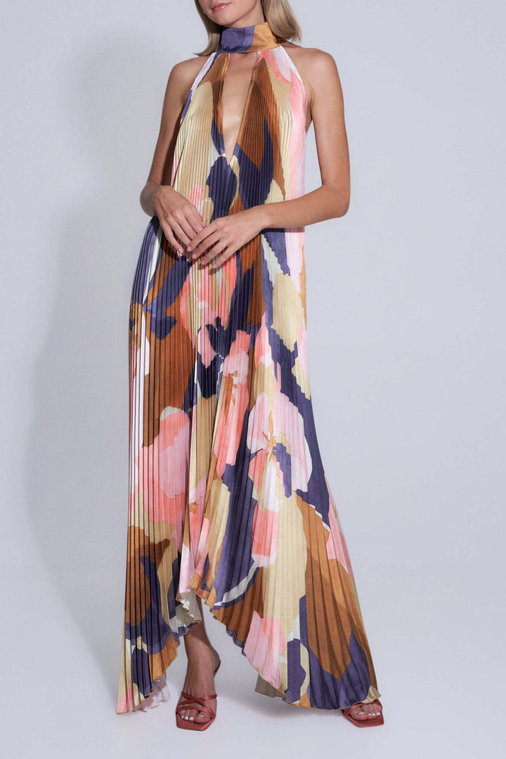 Pleated Maxi Dress with Halter Neck and Deep V-Neckline