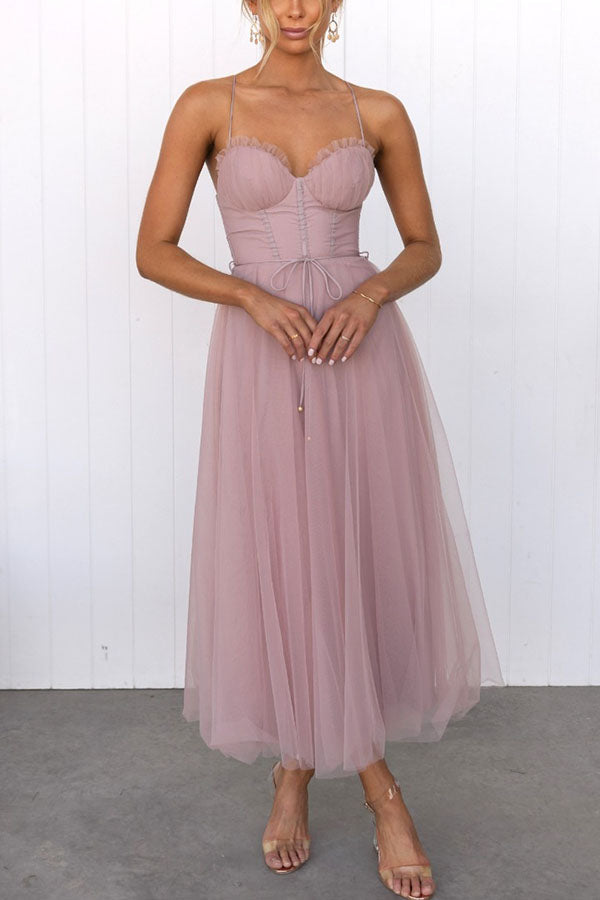 Midi Dress with Corset Bodice and Crisscross Straps