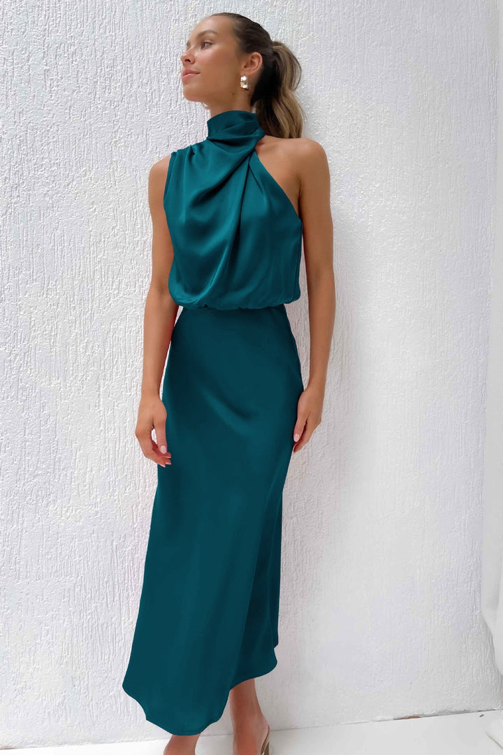 Halter Neck Midi Dress with Draped Cowl Bodice