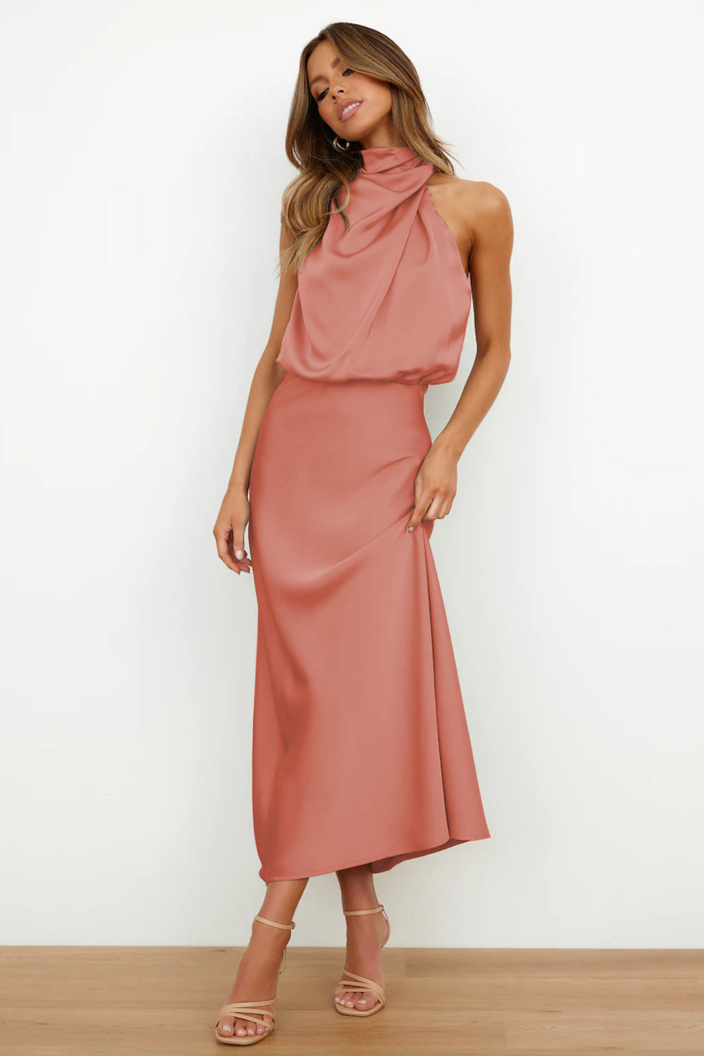 Halter Neck Midi Dress with Draped Cowl Bodice