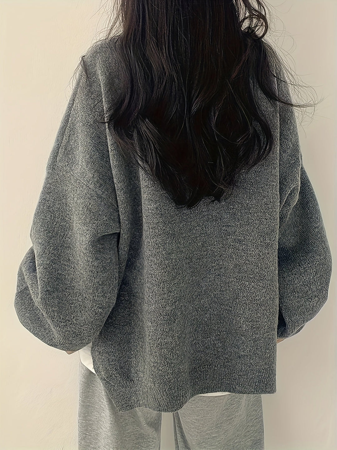 Oversized Knit Sweater with Round Neckline and Ribbed Finishes
