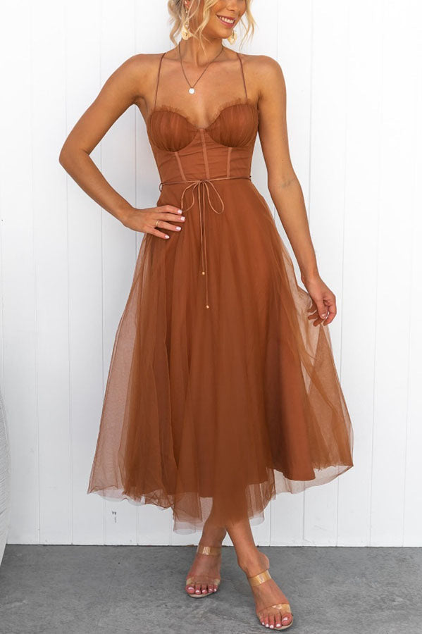 Midi Dress with Corset Bodice and Crisscross Straps