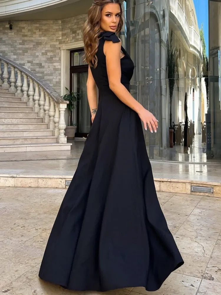 Maxi Dress with V-Neckline and Tie Shoulder Straps