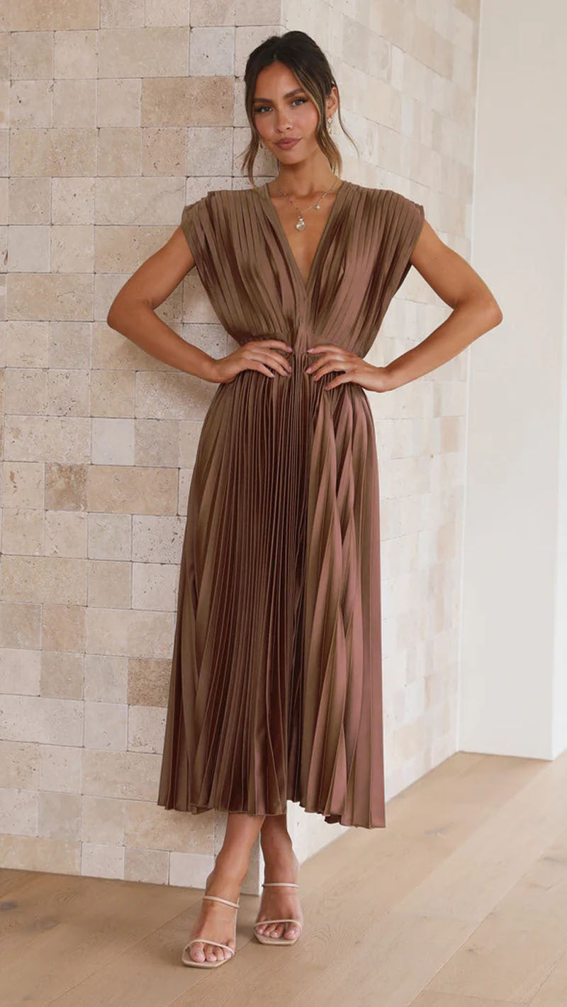 Plissé Pleated Midi Dress with Deep V-Neckline and Cap Sleeves