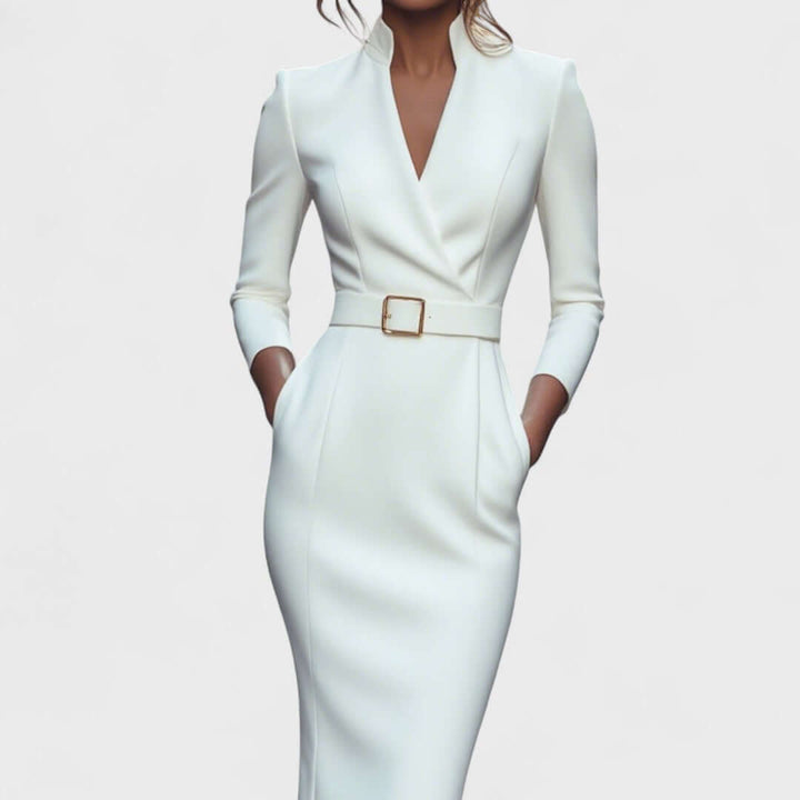 Stand Collar V-Neckline Pencil Dress with Three-Quarter Sleeves and Waist Belt