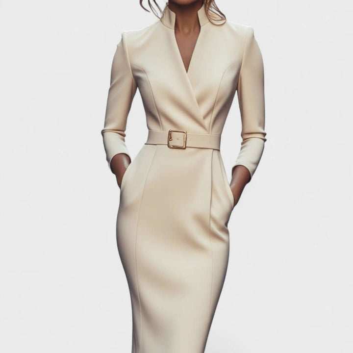 Stand Collar V-Neckline Pencil Dress with Three-Quarter Sleeves and Waist Belt