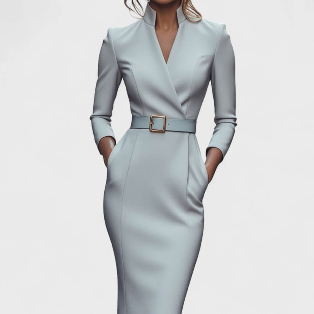 Stand Collar V-Neckline Pencil Dress with Three-Quarter Sleeves and Waist Belt