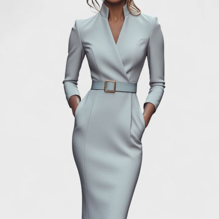 Stand Collar V-Neckline Pencil Dress with Three-Quarter Sleeves and Waist Belt