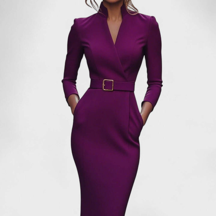 Stand Collar V-Neckline Pencil Dress with Three-Quarter Sleeves and Waist Belt