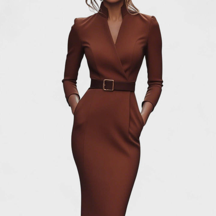 Stand Collar V-Neckline Pencil Dress with Three-Quarter Sleeves and Waist Belt