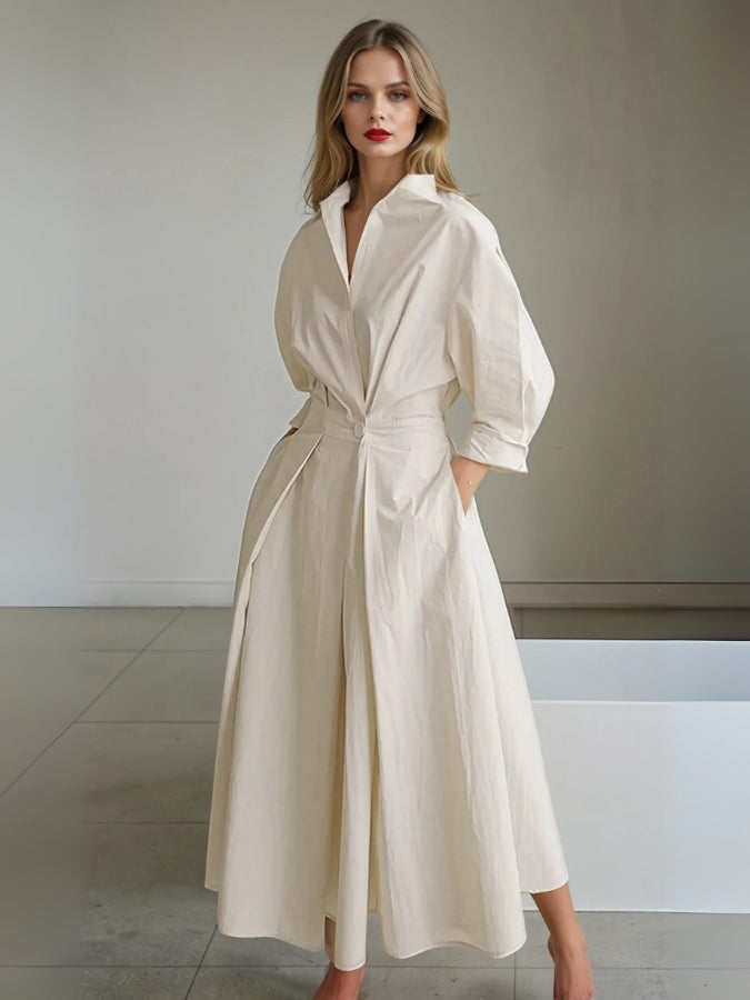 Midi Shirt Dress with Notch Collar, Pleated Skirt, and Three-Quarter Sleeves
