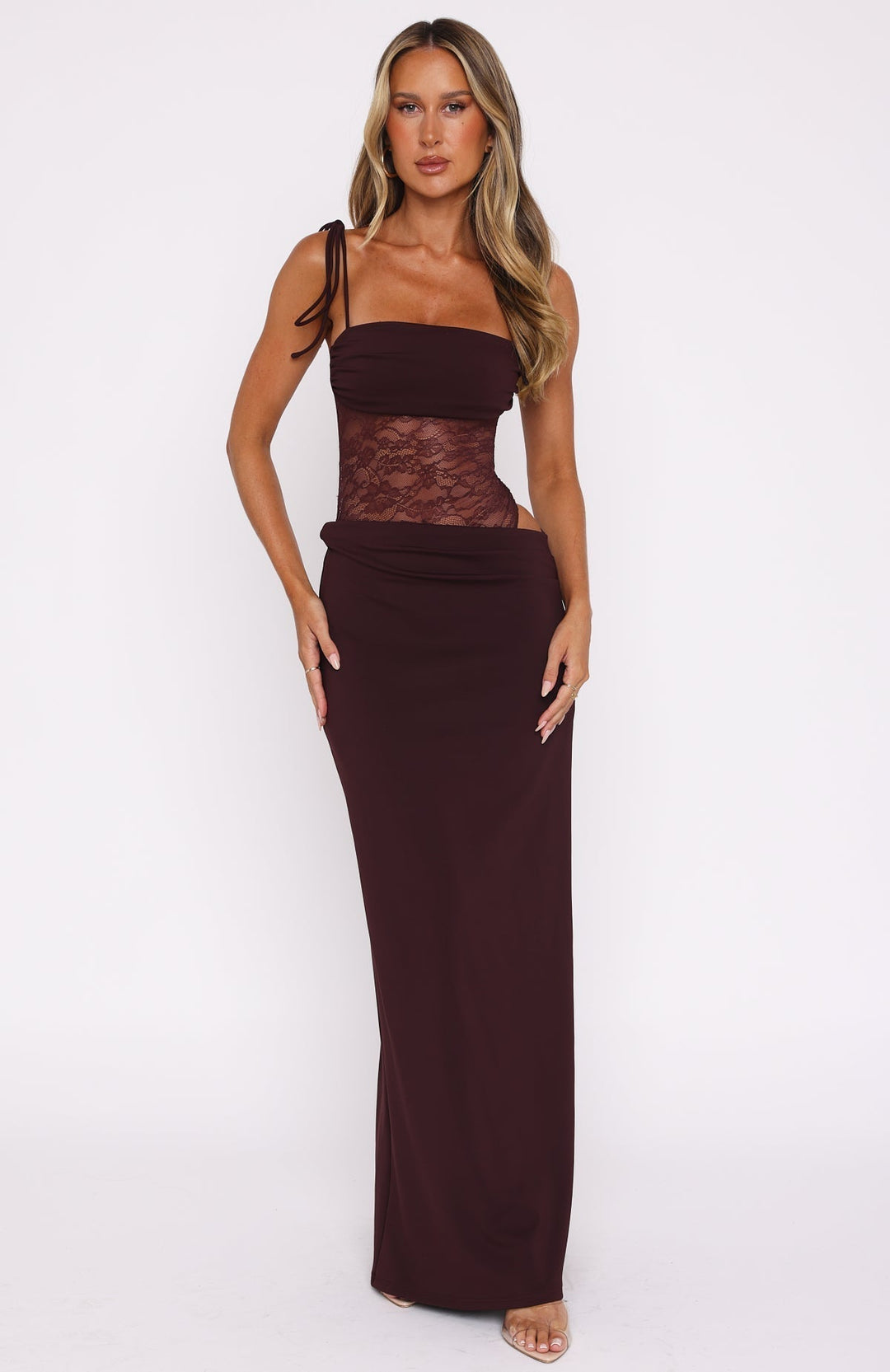 Maxi Dress with Lace Bodice and Tie Shoulder Straps