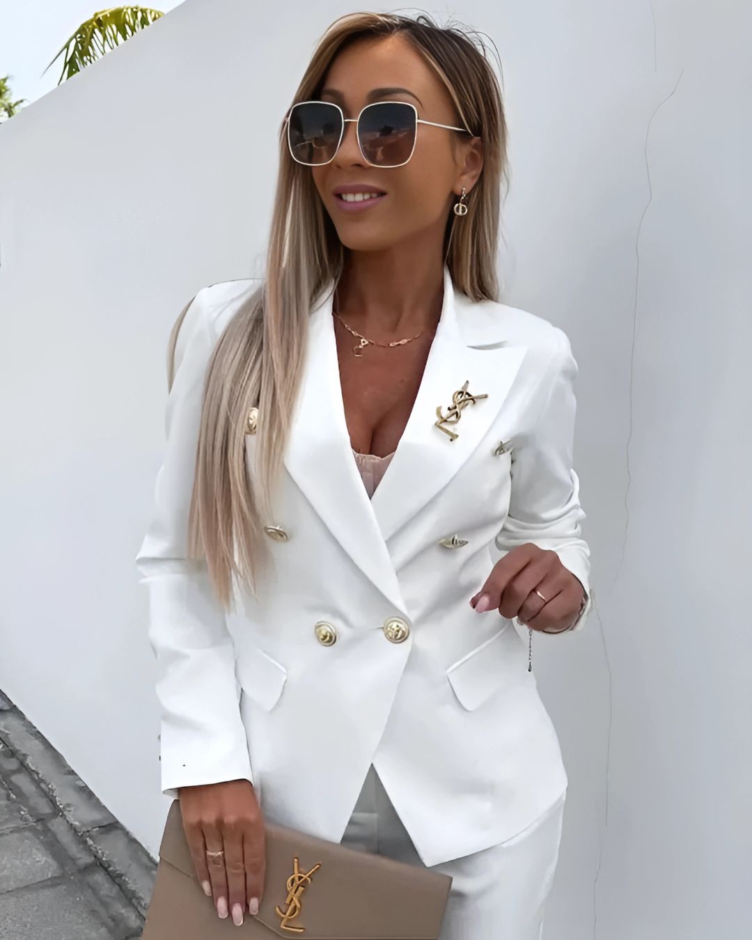 Double-Breasted Blazer with Notched Lapels, Long Sleeves and Button Closure with Straight Leg Trousers