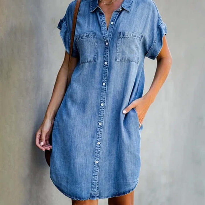 Short Sleeve Button-Front Denim Dress with Collar and Patch Pockets