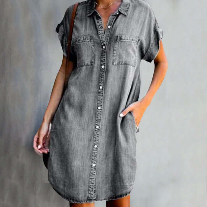 Short Sleeve Button-Front Denim Dress with Collar and Patch Pockets