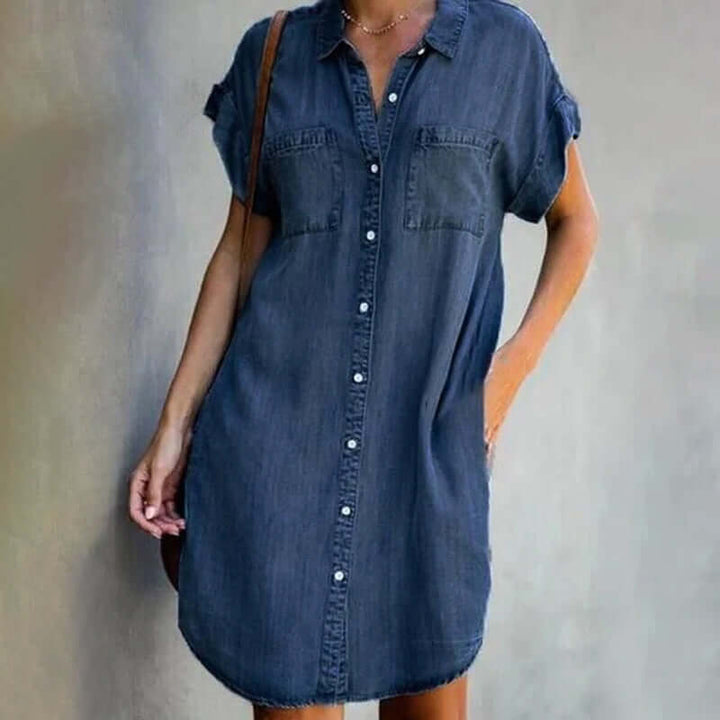 Short Sleeve Button-Front Denim Dress with Collar and Patch Pockets