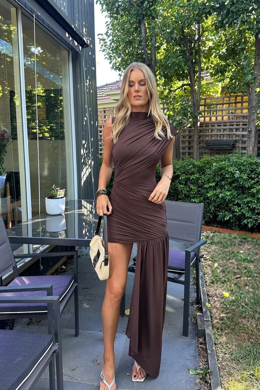 Ruched Asymmetric Dress with High Neckline and Cap Sleeves