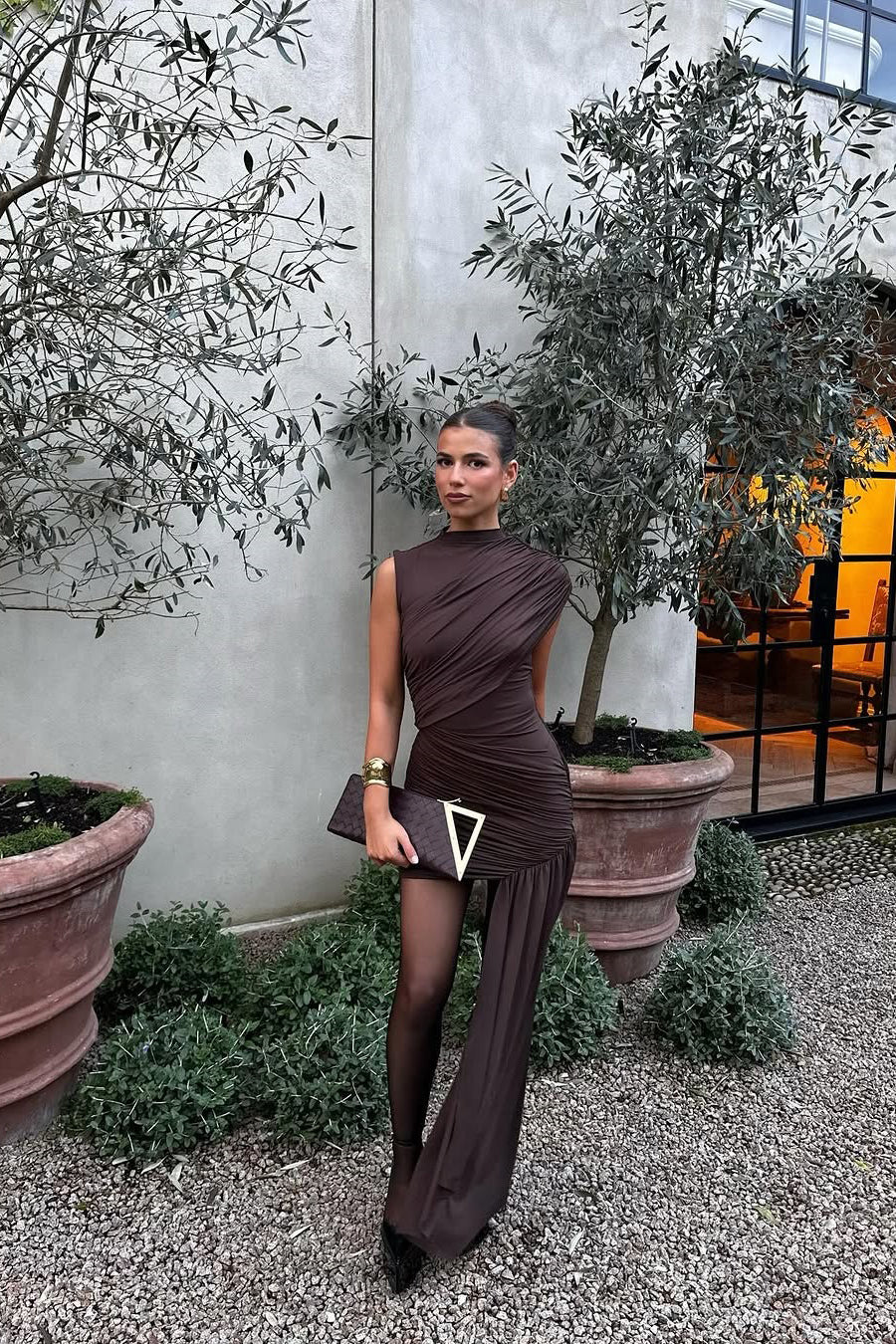 Ruched Asymmetric Dress with High Neckline and Cap Sleeves