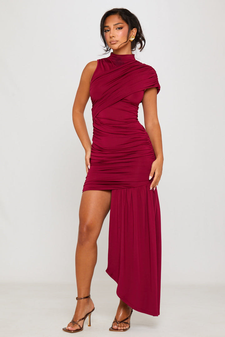 High Neck Ruched Draped Mini Dress