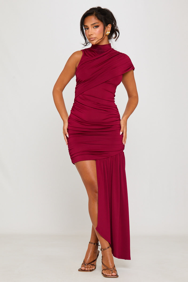 High Neck Ruched Draped Mini Dress