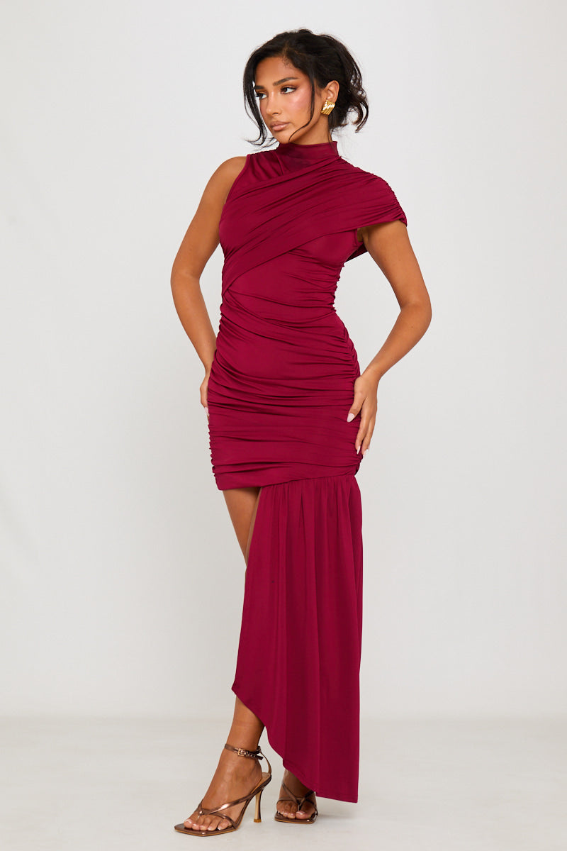 High Neck Ruched Draped Mini Dress
