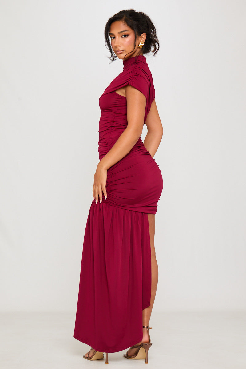 High Neck Ruched Draped Mini Dress