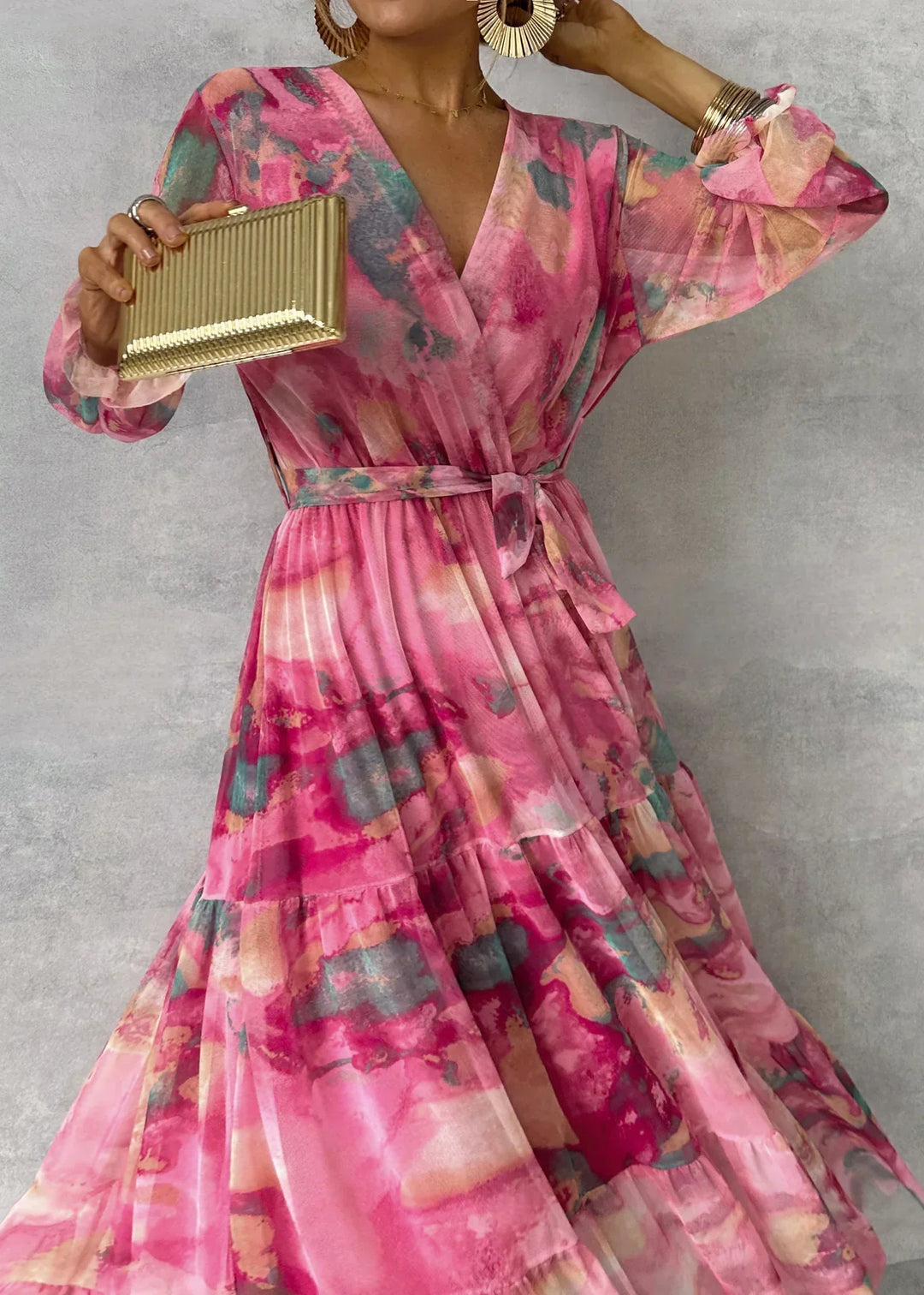 Tiered Maxi Dress with V-Neckline and Tie-Waist Closure