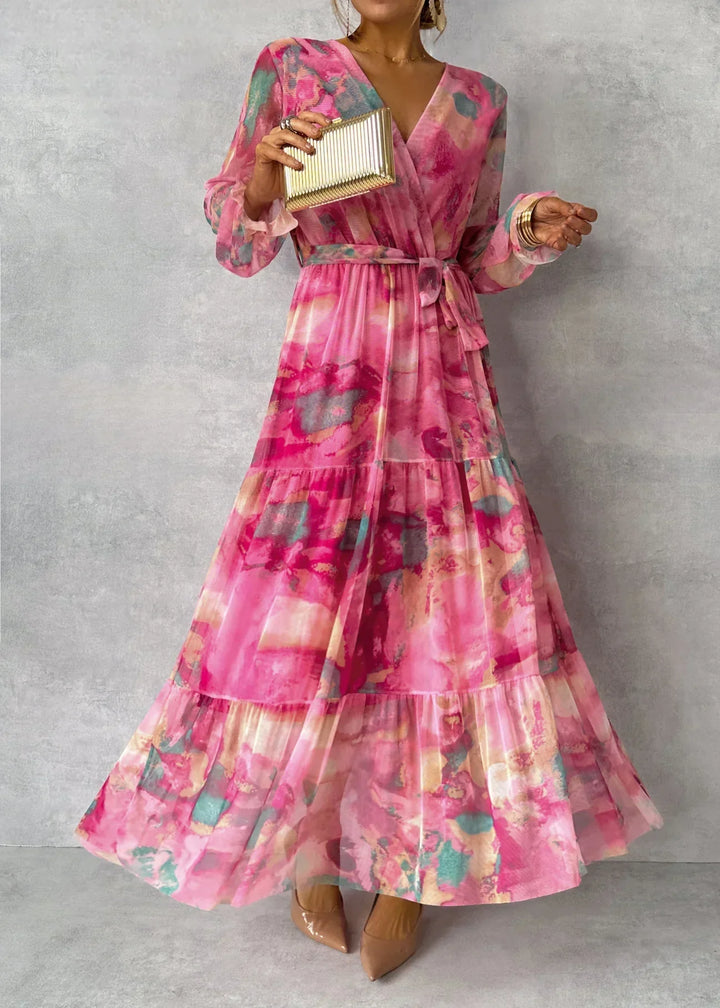 Tiered Maxi Dress with V-Neckline and Tie-Waist Closure