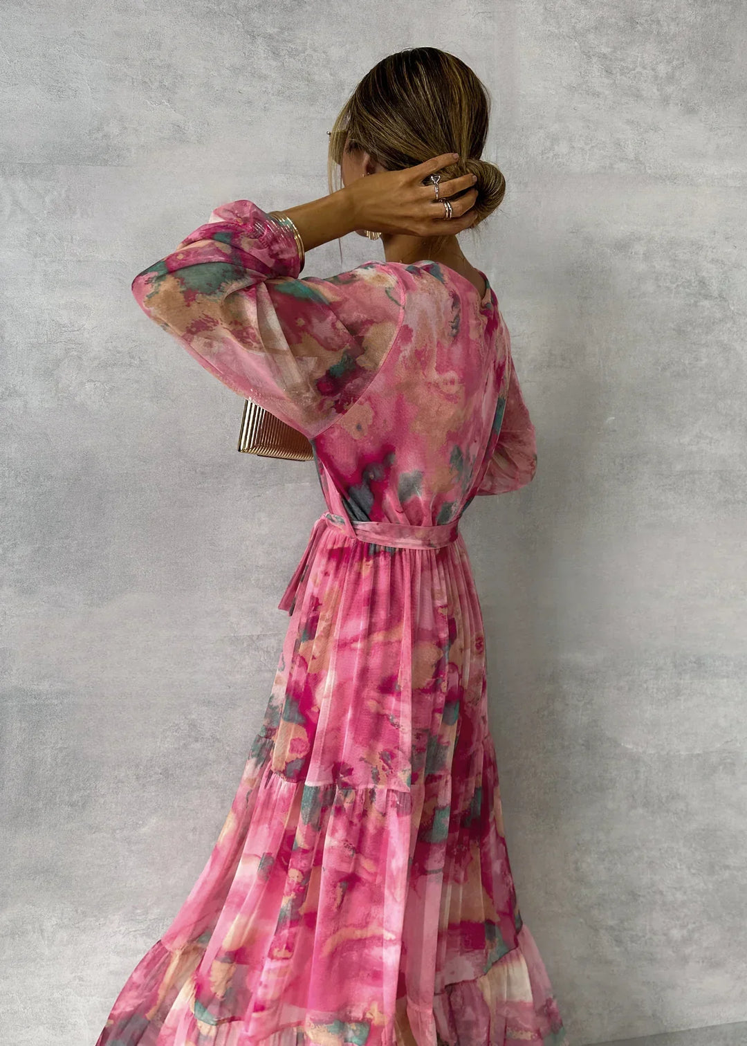 Tiered Maxi Dress with V-Neckline and Tie-Waist Closure